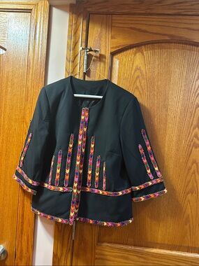 Black Embellished Women's Jacket with Multicolor Trim